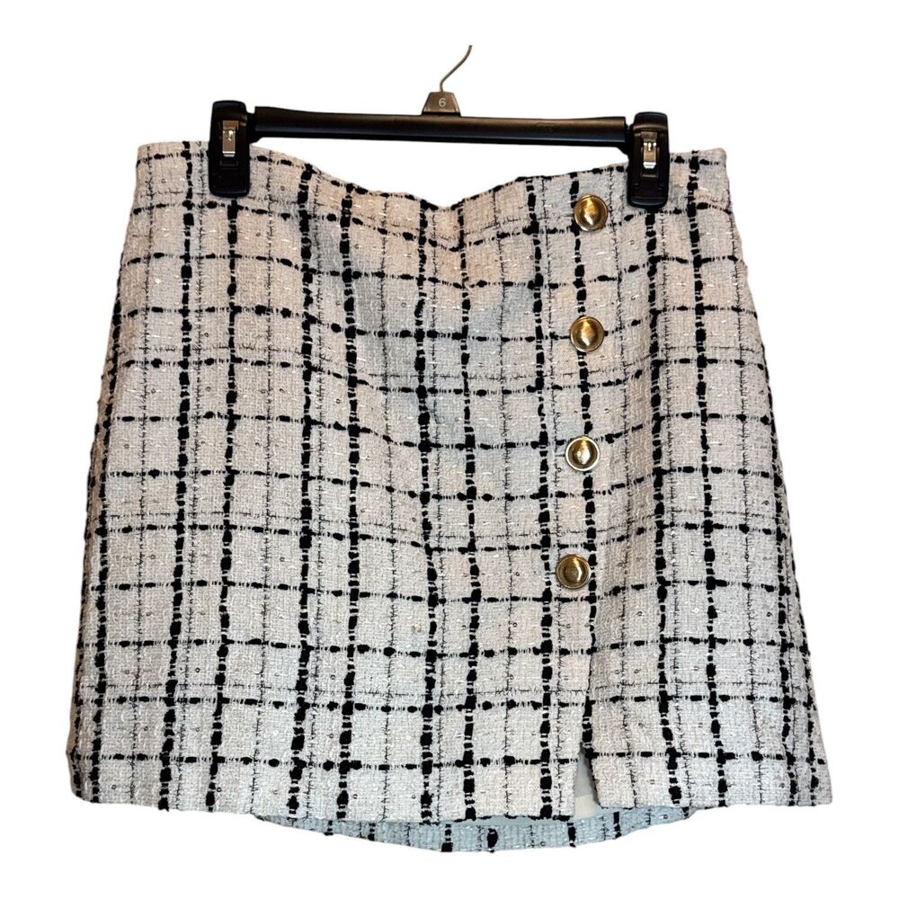 Express Womens Black White Tweed Plaid Mini Skirt Size 12 NWT Gold Buttons Lined